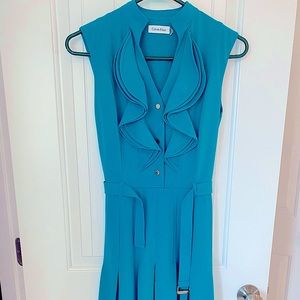 Calvin Klein teal sleeveless belted dress.